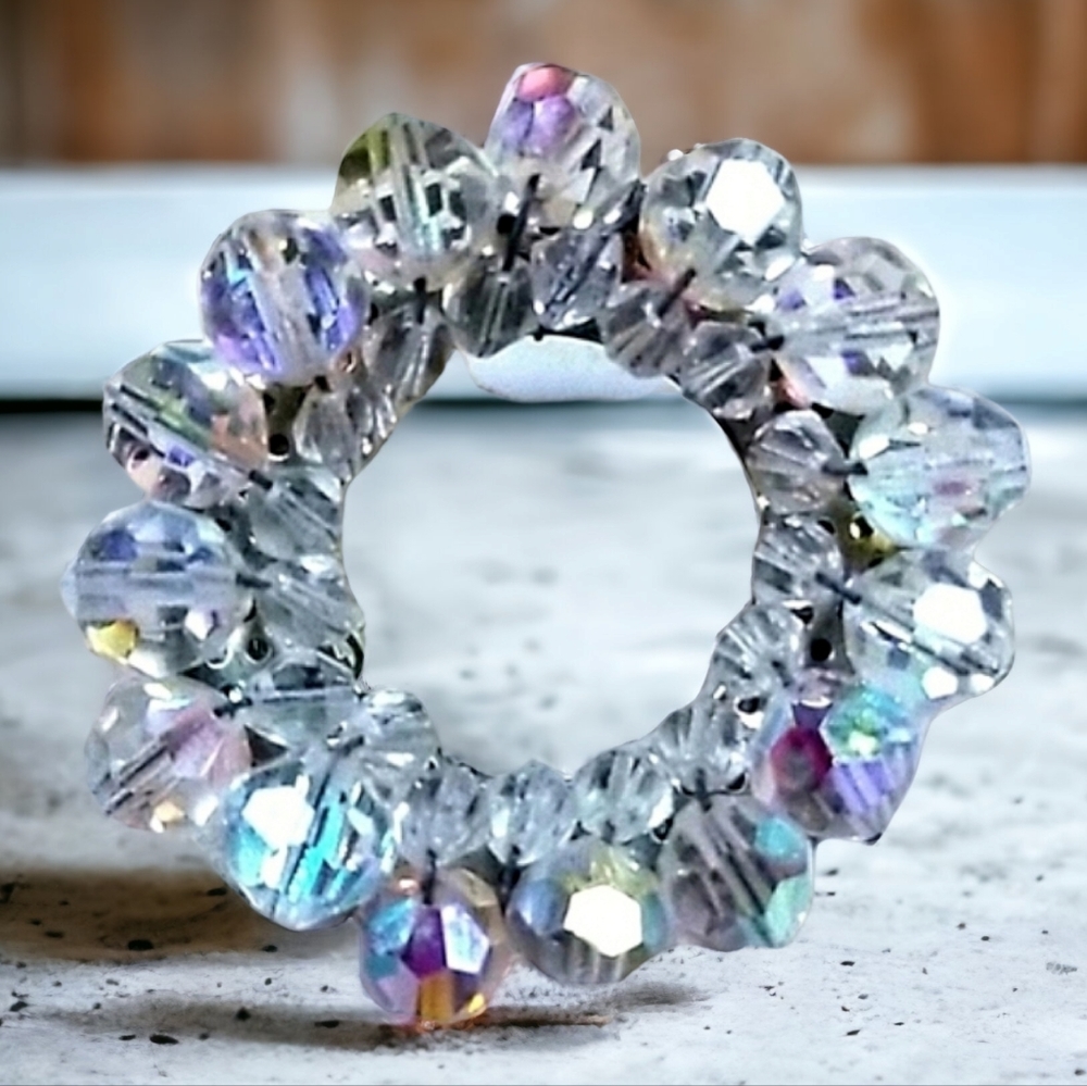 Vintage 1950s Aurora Borealis Rhinestone Crystal Silver Tone Brooch Pin